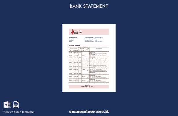 modello Excel di estratto conto bancario Austria BAWAG PSK in stile verificato